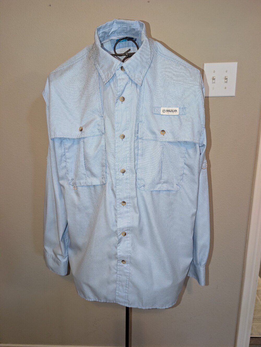 Magellan Outdoors Fish Gear Light Blue Gingham Men’s Long-Sleeve Shirt